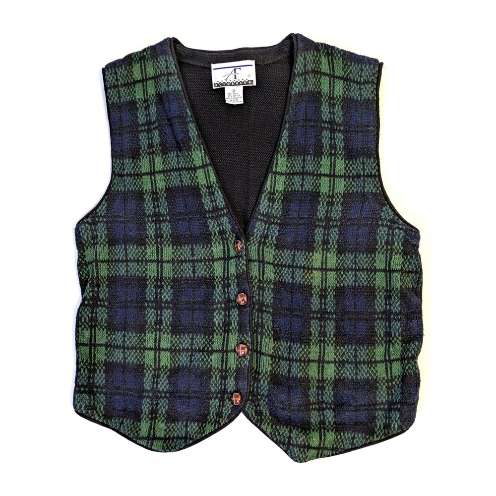 Accordeon Vintage Plaid Sweater Vest Green Navy Blue Ramie Cotton Mens Medium